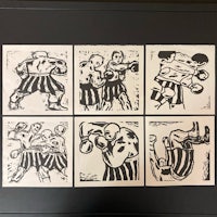 a set of four black and white drawings of a boxing match